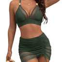 Blooming Jelly Womens High Wasited Bikini Sets Tummy Control Swimsuits Curvy Mesh Swim Skirt (Large, Army Green)