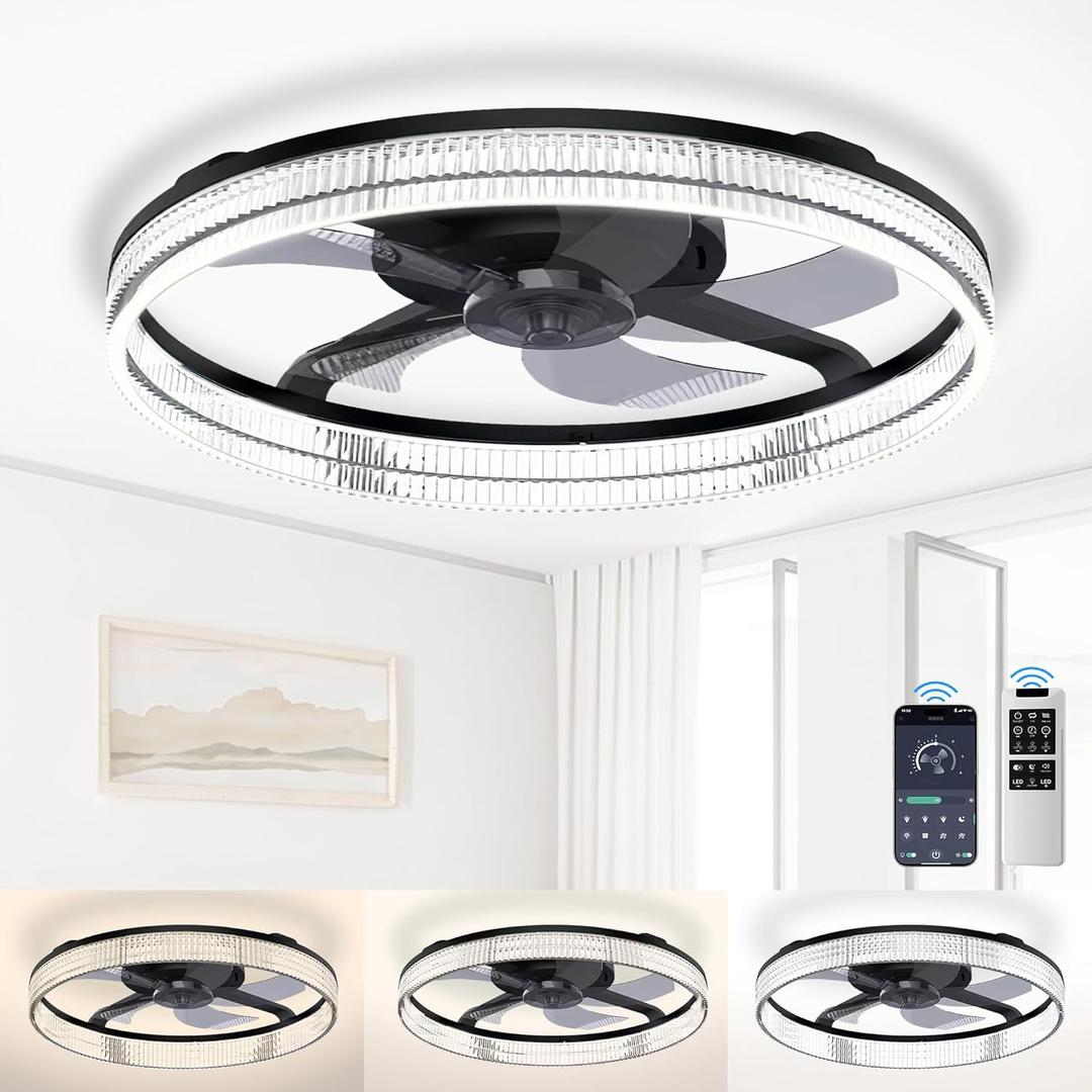 Ceiling Fans with Lights and Remote, Stepless Color Temperature Change and 6 Speeds, Flush Mount LED Ceiling Fan for Bedroom, Kids Room, Living Room - 20" Modern Ceiling Fans (Black)