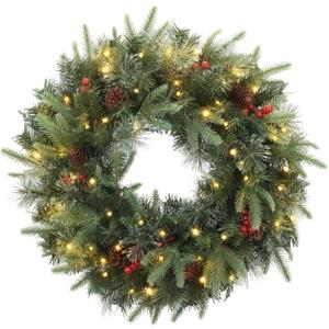 24 Inch Artificial Pre-Lit Christmas Wreath, Warm White & Multi-Color Lights with Timer, Battery Operated, Berries, Pinecones, Ball Holiday Decoration for Front Door, Outdoor