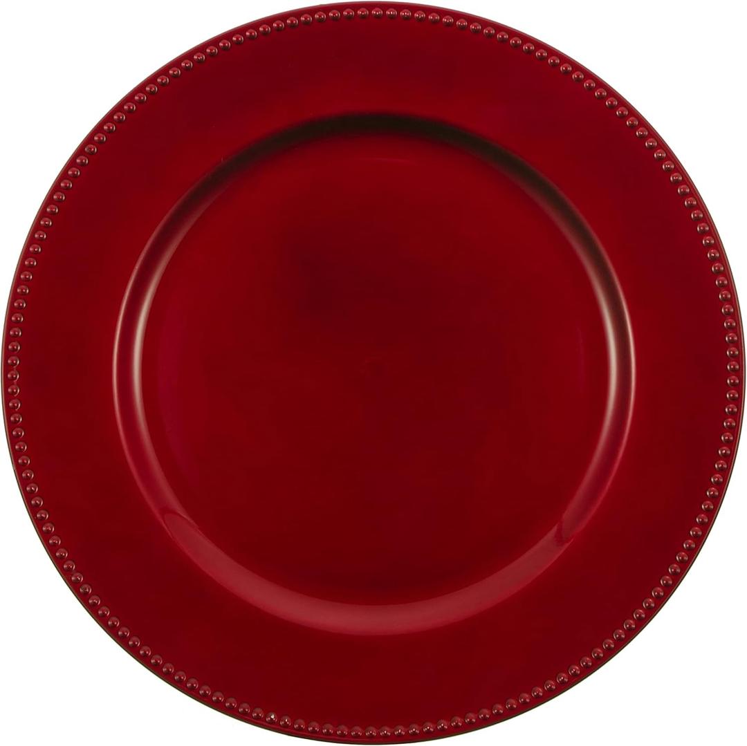 Red Christmas Charger Plates Set of 12, 13 Inch Round with Red Beaded Edges, Premium Polypropylene Holiday Table Chargers