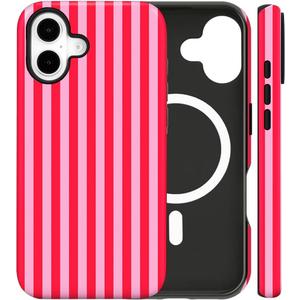 Magnetic for iPhone 17 Case Cute Stripes Phone Case, Shockproof Slim TPU and Hard PC Protective Phone Cover Compatible with MagSafe Designed for Women Girls, Pink and White
