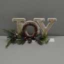 DN DECONATION Rustic Wooden Tabletop Christmas Joy Sign Decoration Indoor-Lighted White and Gold Xmas Joy Decorated with Pine Branch, Cone & Red Berries for Table Fireplace Mantel Home Decor