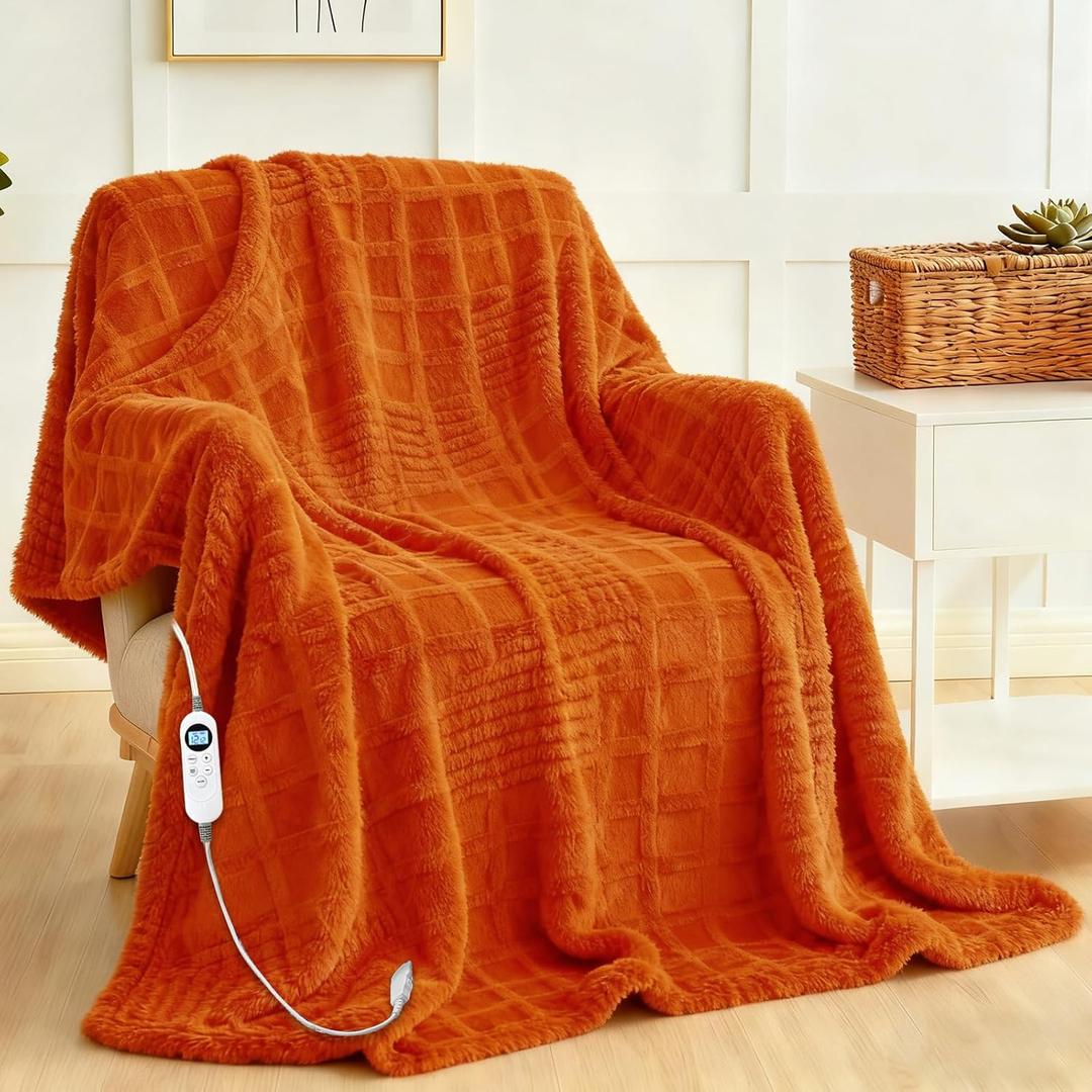 Heated Blanket Electric Heating Blanket Waffle with 12 Heat Levels, Fast Heating Blanket with 1-12 Timer, Overheat Protection with ETL & FCC for Bed Home Office Sofa -Orange -Single(50"x60")
