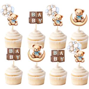 36 PCS Baby Shower Bear Cupcake Toppers Selection Baby Bear Theme Baby Shower Decorative Supplies Jungle Animal Theme Birthday Party Cake Decorative Supplies blue