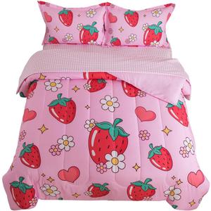 ADASMILE A & S Kids Strawberry Comforter Set Twin Size for Girls 5 Piece Pink Kawaii Flower Bedding Set Kids Strawberry Bed in A Bag Comforter (1 Comforter,1 Flat Sheet,1 Fitted Sheet & 2 Pillow Sham)