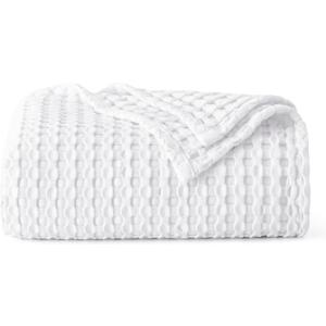 Bedsure Cooling Cotton Waffle Weave Blanket - Lightweight Breathable Blanket of Rayon Derived from Bamboo for Hot Sleepers, Luxury Throws for Bed, Couch and Sofa, White, 50x70 Inches
