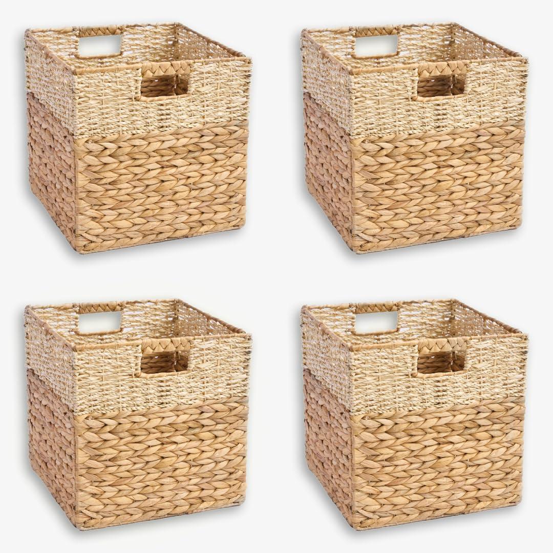 Set of 4 Water Hyacinth Storage Baskets, Hyacinth Cube Storage Basket, Woven Baskets for Shelves (10.5x10.5)