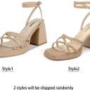 ISNOM Narrow Feet Nude Platform Heels for Women Comfy Strappy Heels Short Block Chunky Sandals Ankle Strap Simple Summer Heeled Sandals Square Open Toe for Wedding Work Party Dress Prom Size 10 (Beige, M)