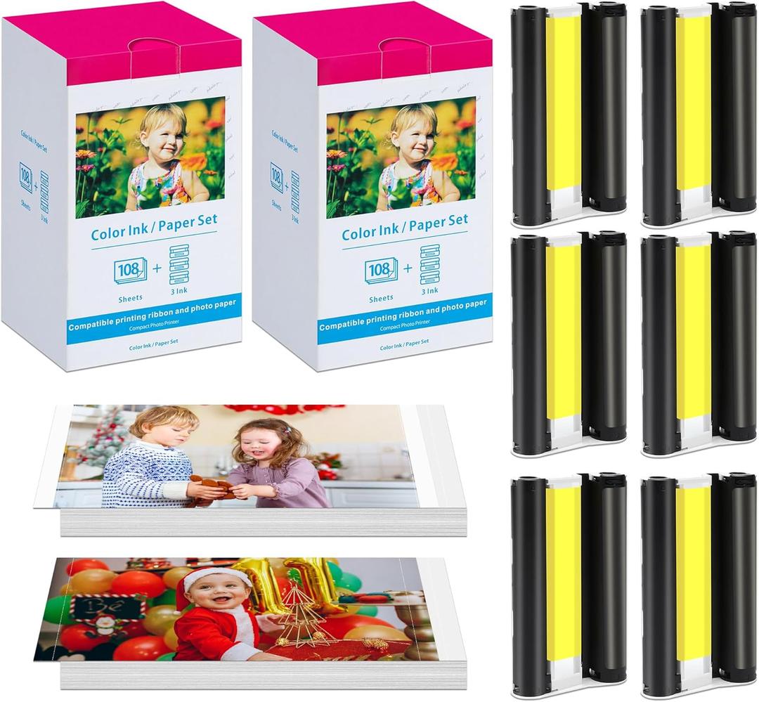 2 Pack Compatible for Canon Selphy CP1500 Ink and Photo Paper KP-108IN KP108 Includes 6 Ink Cassettes + 216 Paper Sheets for Canon Selphy CP1300 CP1200 CP910 CP900 CP1000 Photo Printers