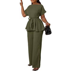 Women's 2 Piece Outfits Suit Set Short Sleeve Peplum Top Flared Pants Sets Business Pantsuits (X-Large, Army Green) Women's 2 Piece Outfits Suit Set Short Sleeve Peplum Top Flared Pants Sets Business Pantsuits (X-Large, Army Green)