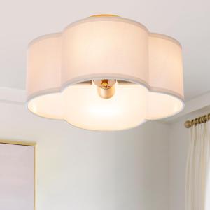 VILUXY Modern Flush Mount Ceiling Light Fixture Farmhouse White Fabric Semi Ceiling Lamps with Gold 4 Lights Drum Shade for Bedroom Dining Room Entryway Hallway Nursery