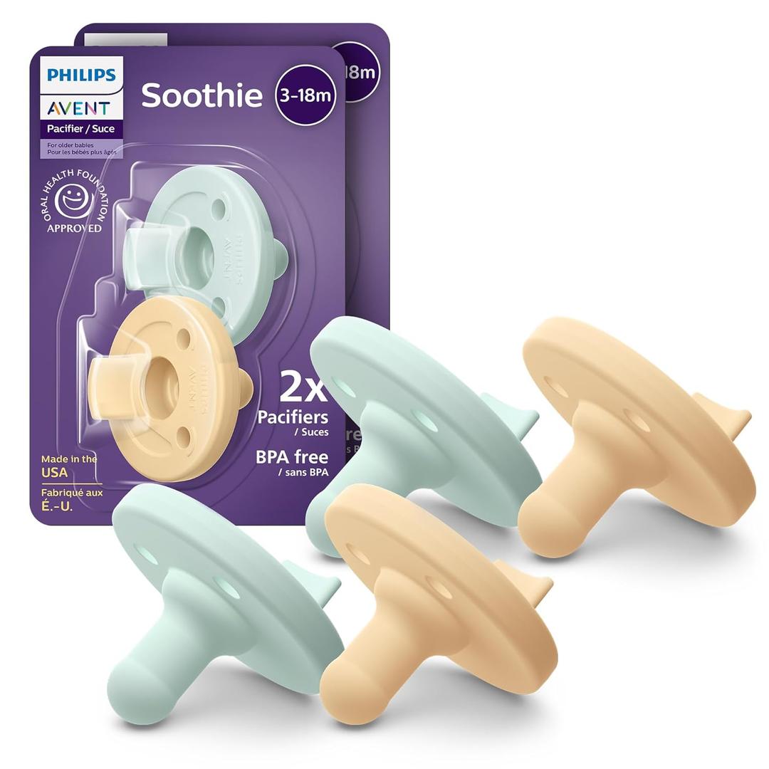 Philips Avent Soothie Orthodontic Baby Pacifiers, 100% Silicone Pacifiers, One Piece, BPA-Free, for Babies 3-18 Months, 2 Green and 2 Yellow, 4 Pack, Model SCF192/72 (Light Yellow/Pastel Cyan)