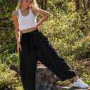 TARSE Womens Linen Wide Leg Pants Casual Loose Drawstring Summer Beach Travel Vacation Palazzo Harem Pants with Pockets (Black, M)