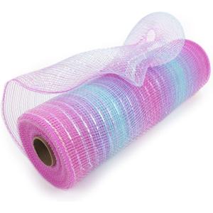 UnionJoy Decorative Mesh Ribbon 10 Inch x 30 Feet(10Yard), Pink & Blue Stripes Poly Mesh Ribbons with Metallic Foil Use for Wreaths Swags,Valentines Day and Christmas Decoration, Party Craft