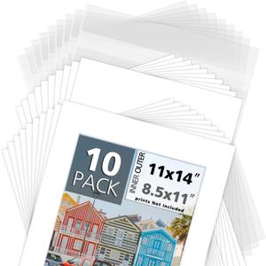 MBC MAT BOARD CENTER, Pack of 10-11x14 Pre-Cut 8.5x11 - White Mats - for Pictures, Photos, Framing - Kit Includes: 10 White Backboards and 10 Clear Bags - Acid Free, 4-ply Thickness, White Core