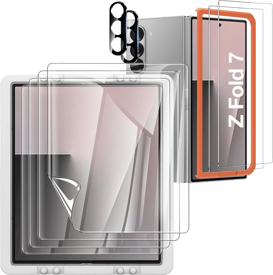 [8 Pack] for Samsung Galaxy Z Fold 7 Screen Protector, 4 Pack Inner TPU Film + 2 Pack Front Tempered Glass Screen Protector + 2 Pack Glass Camera Lens Protector, Anti-Scratch, No Bubbles