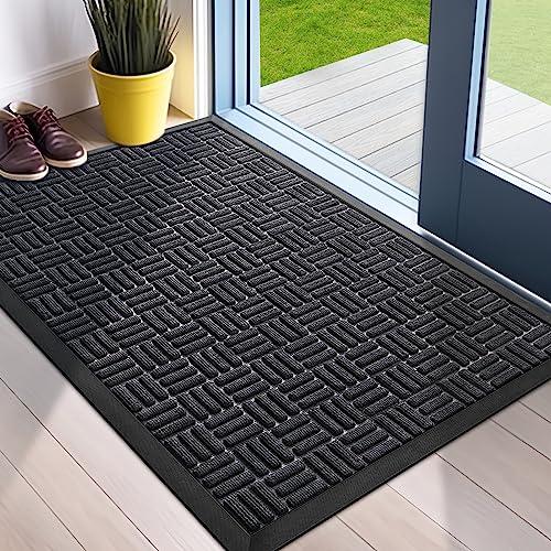 Mibao Front Door Mat, Heavy Duty Durable Welcome Mat for Outdoor Indoor, Dirt Trapper Waterproof Super Absorbent Door Mat for Entryway Outside Patio Porch, 35.5" x 24", Black