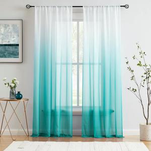 Teal Ombre Chiffon Sheer Curtains Crinkle Semi Sheer Panels for Home Decor, Crinkle Light Filtering Curtain Drapes for Living Room Bedroom Set of 2 Panels for Garden Yard Decor, 42"Wx95"L, Rod Pocket