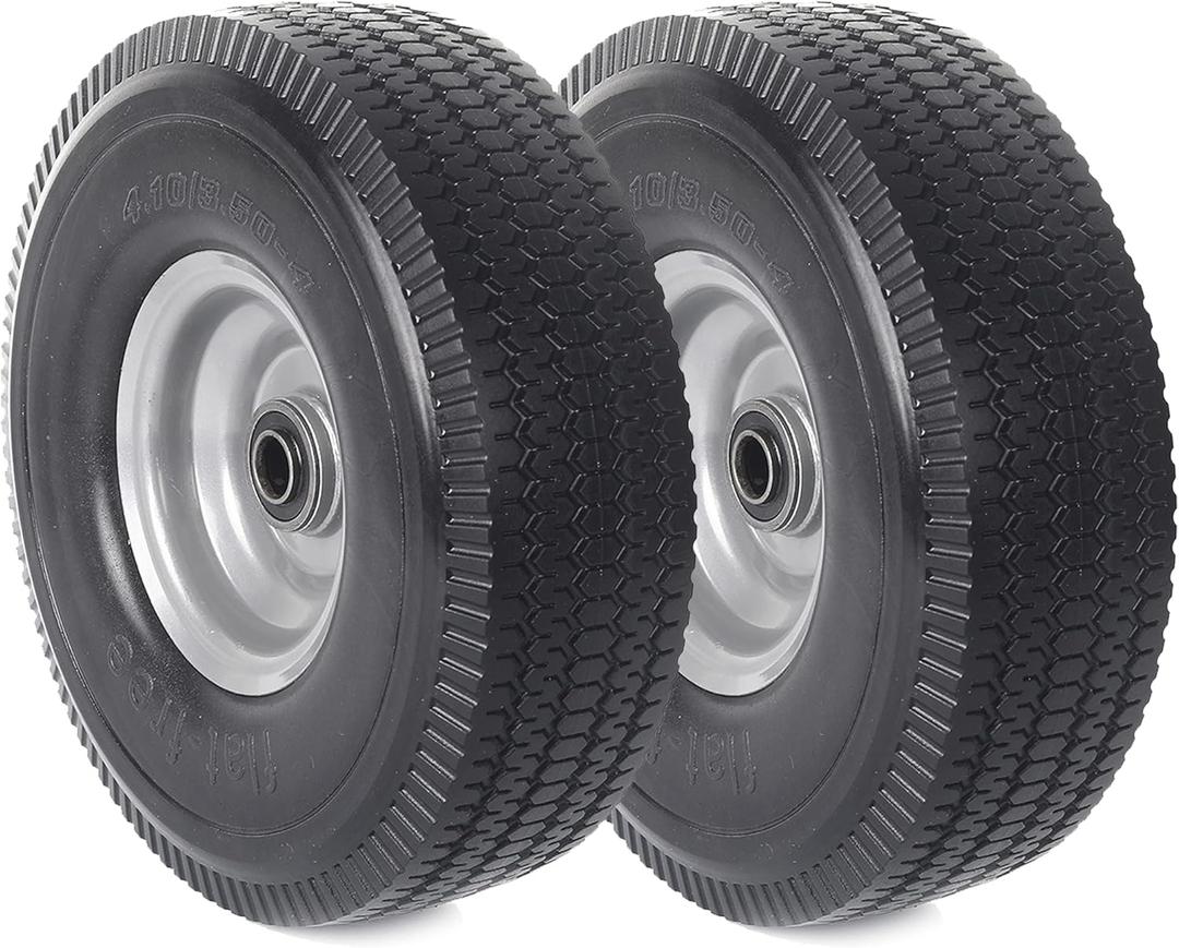 (2-Pack) 10-Inch Solid Wheel Replacement - 4.10/3.50-4 Flat Free Tire and Wheel with 5/8 extra 3/4 &1/2 Bearings and 2.2" Offset Hub - Compatible with Hand Truck, Generator, Gorilla Carts