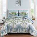 WONGS BEDDING Botanical Comforter Set King, 7 Pieces Blue Palm Tree Bed in a Bag, Reversiable Soft Microfiber Coastal Beach Bedding with Comforter, Flat Sheet, Fitted Sheet, Pillow Shams & Pillowcases