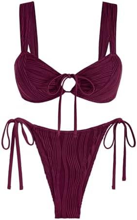 ZAFUL Women's Cinched Bikini Solid Color Wave Textured Knotted Tied Side Two Piece Swimsuit Bathing Suits, Medium