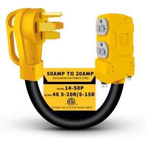 Overload Protection 50 Amp to 20 Amp 110V RV Generator Distribution Adapter, 50 Amp to 110 Adapter, NEMA 14-50P to 4 X 5-20R/15R, 4-Prong 50A to Multiple Household Outlet Adapter, ETL Listed 1.5FT