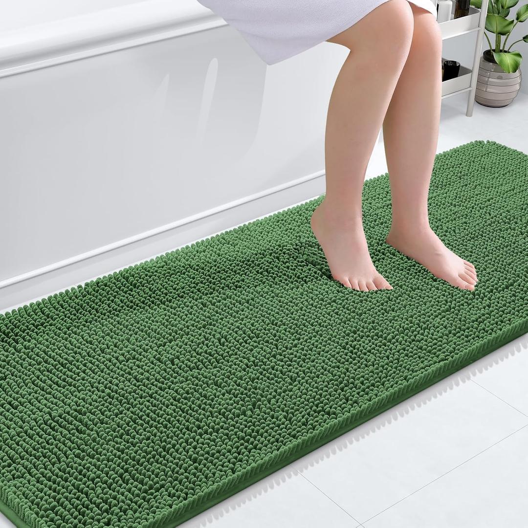 OLANLY Bathroom Runner Rugs 70x24, Soft Absorbent Chenille Bath Rugs, Rubber Backing Quick Dry, Machine Washable Long Bath Mats for Bathroom Floor, Tub and Shower, Home Decor Accessories, Olive Green