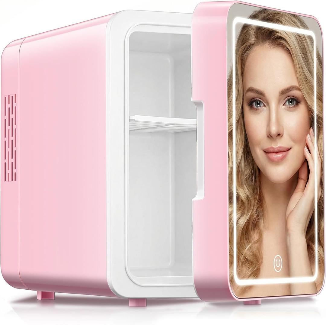 CUTIEWORLD Skincare Fridge With Dimmable LED Light Mirror, 4L Makeup Mini Fridge for Bedroom, Car, Office & Dorm, Cooler & Warmer, Portable Small Refrigerator for Cosmetics, Skin Care and Food, Pink