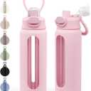 SANDJEST Glass Water Bottle with Silicone Sleeve 24oz with Lid, Motivational Time Marker, Drinking Hydration Glass Bottles for Men Women, Gym Travel Sports (Pink)