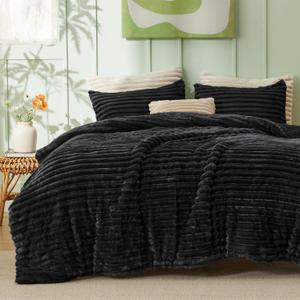 Bedsure Fluffy Comforter Set Queen - Super Soft Faux Fur Bed Set Black, All Seasons Warm Plush Fleece Bedding, 3 Pieces, 1 Shaggy Fuzzy Queen Size Comforter with 2 Pillowcases