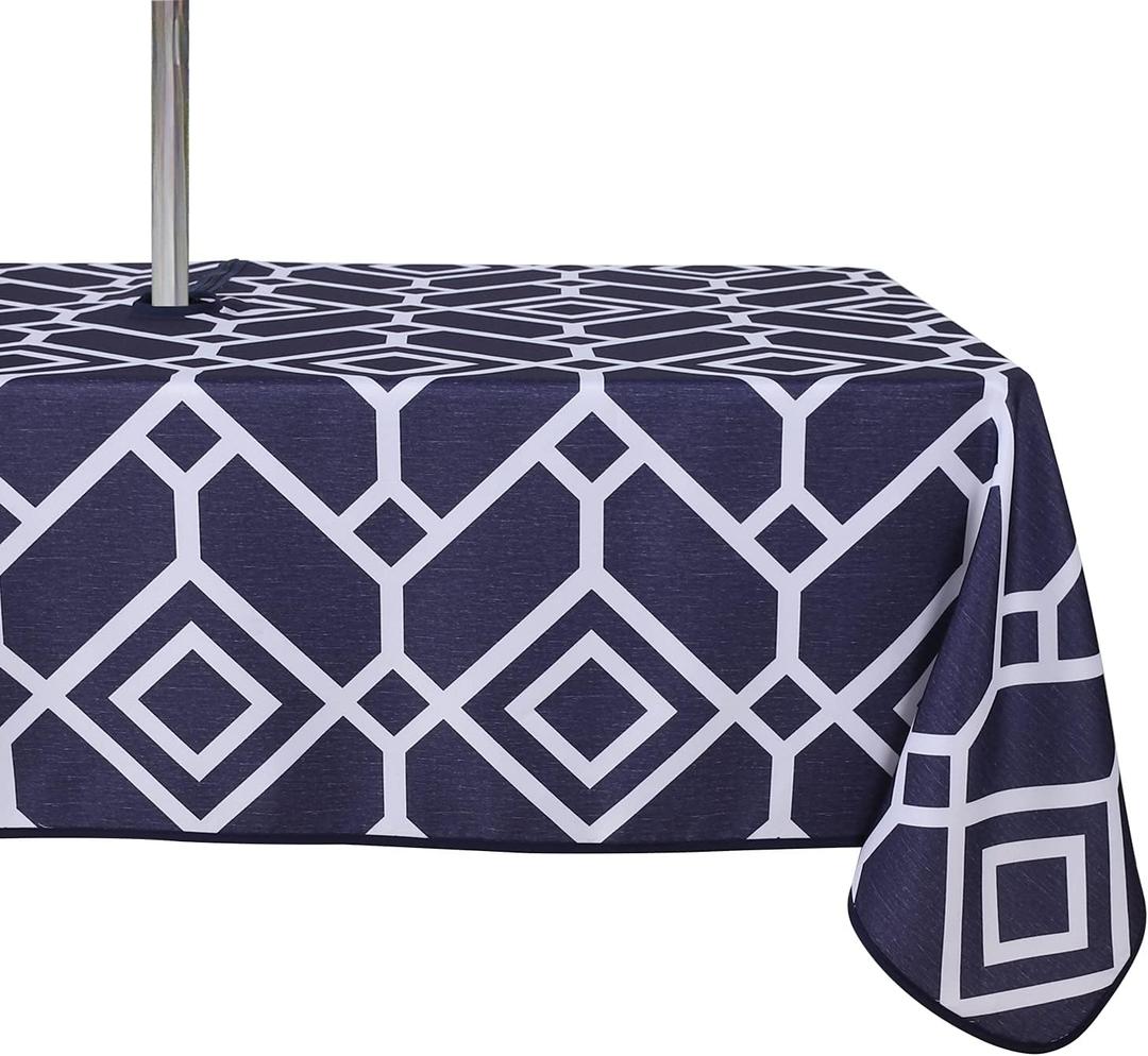 LUSHVIDA Moroccan Outdoor Tablecloth with Umbrella Hole and Zipper, 60 x 102 Inch Navy, Rectangle Waterproof Wrinkle Free Table Cloth Decorative Fabric Washable Table Cover for Patio, Party, Picnic