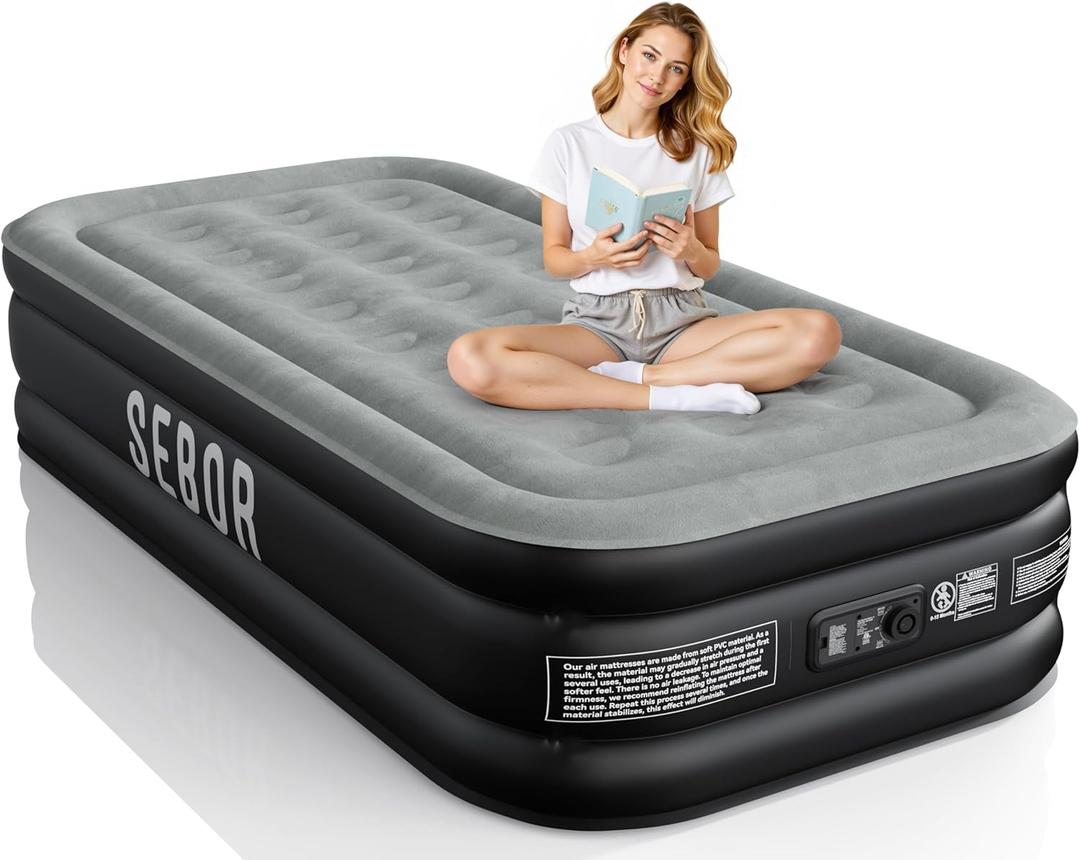 Sebor Air Mattress Twin with Built-in Pump 18", Comfortable Self-Inflating Air Mattress with High-Speed Pump, Durable Blow Up Mattress Twin with Storage Bag for Guests, Camping, Travel (Black Gray)