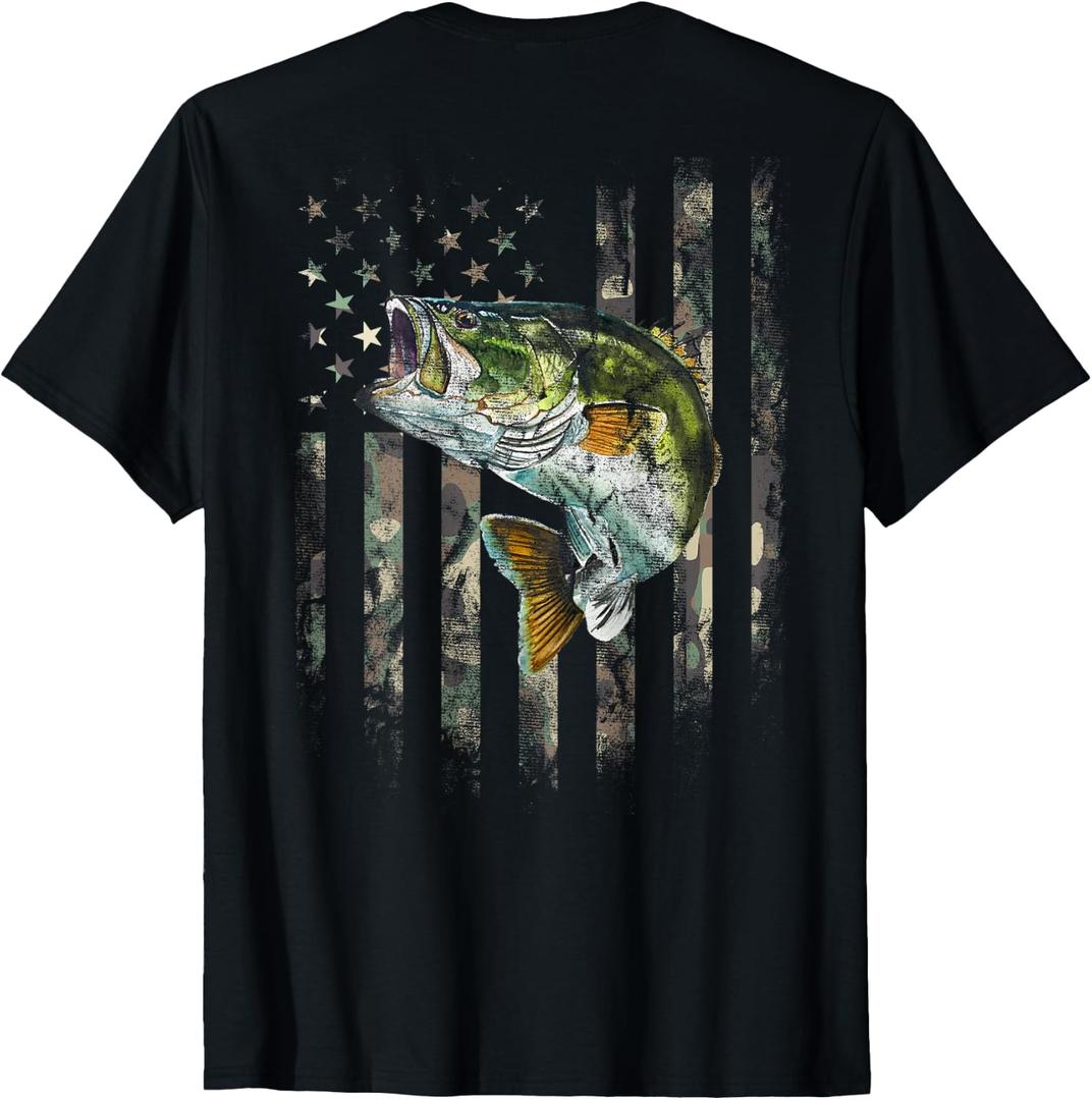 (Art on Back) American Flag Camo Bass Fish Fishing T-Shirt, Size Small