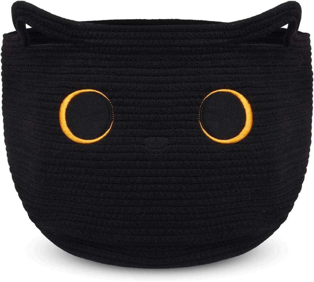 Cute Black Cat Round Basket - Cotton Rope Baskets Large Baby Laundry Blasket for Nursery, Woven Blanket Basket Hamper With Handle Toy Storage Basket for Gifts, Baby Shower 14 12 inchs 30.5L