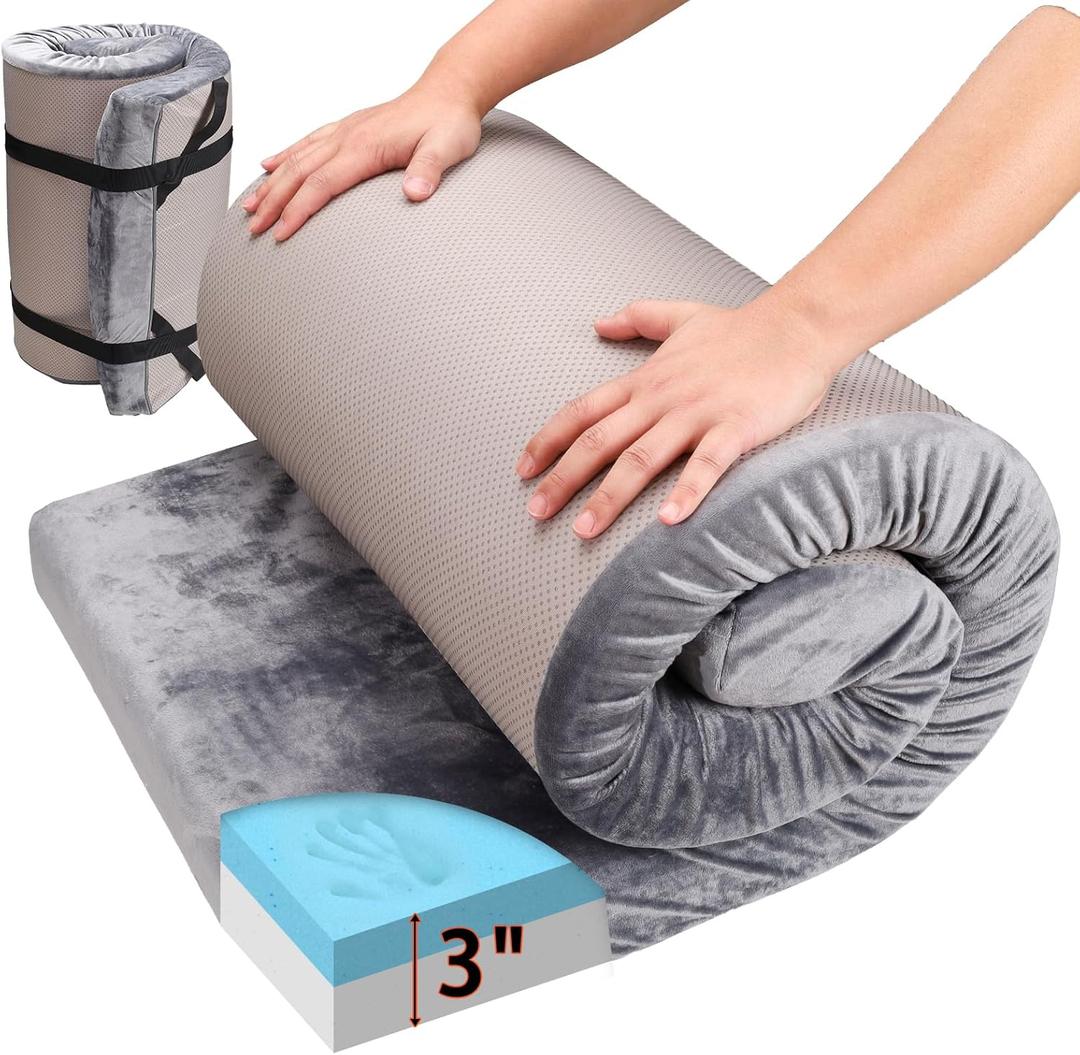 Memory Foam Sleeping Pad Camping Mattress, 3 Inch Thick Portable Floor Mat for Adult Waterproof Sleeping Mat Roll Up Floor Mattress Foldable Backpacking Travel Bed for Hiking, Guest Bed
