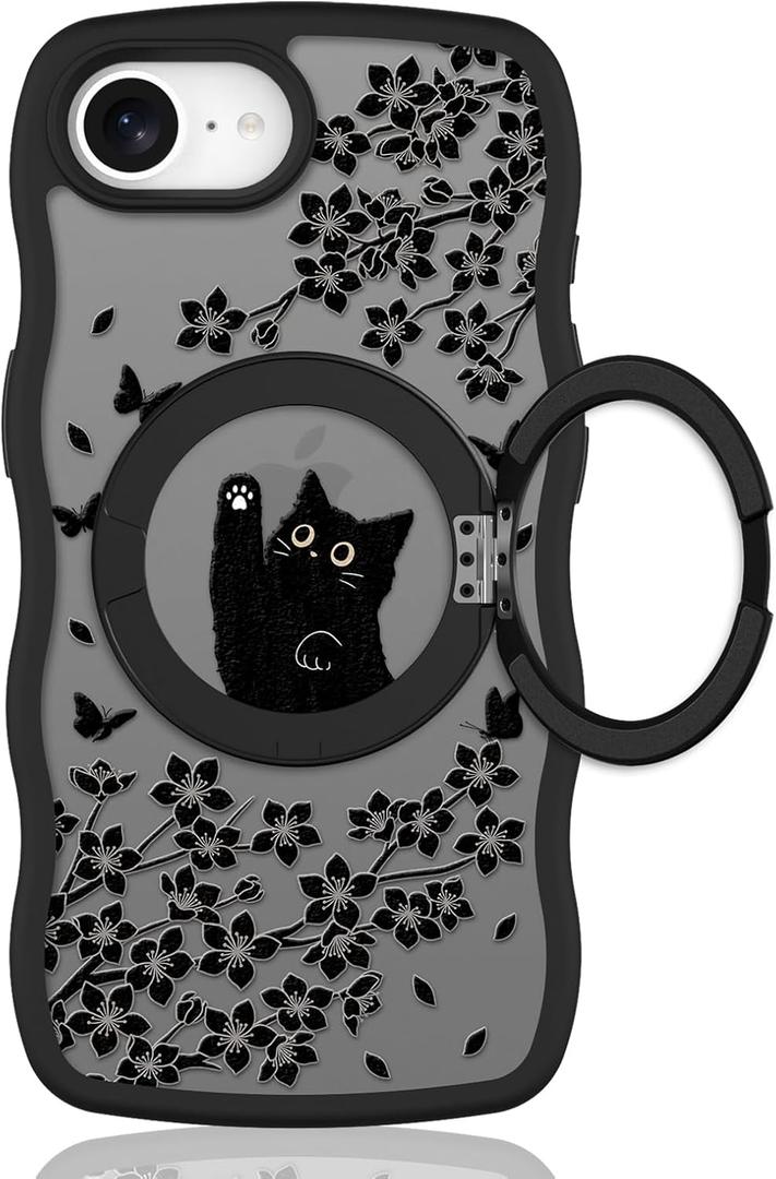 Wavy Case for iPhone 16e Case with Stand [Compatible with MagSafe] Cute Black Cat & Floral & Butterflies Pattern Design, Kawaii 360 Magnetic Ring Kickstand Phone Cover for Women Girls