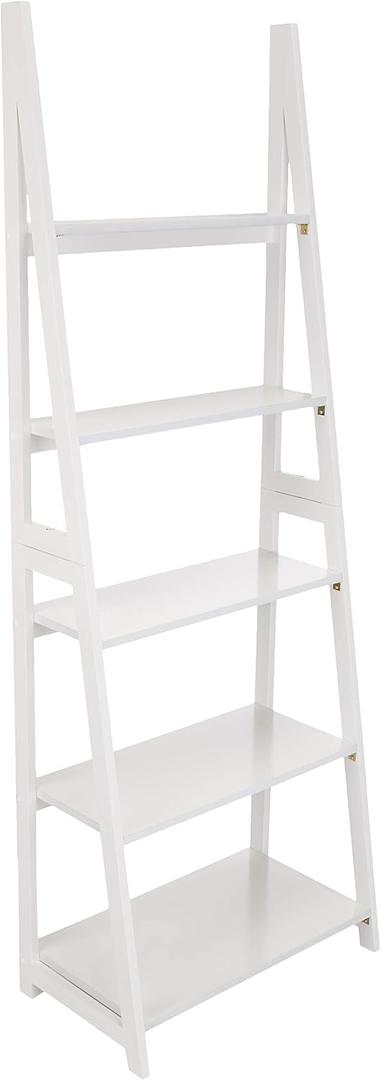 Amazon Basics 5-Tier Ladder Bookshelf Storage Organizer for Small Space, Easy to Assemble, Solid Rubberwood Frame, White Finish, 14D x 24.8W x 70.1H in