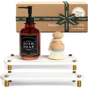 2PCS Water Absorbing Stone Soap Tray for Kitchen Bathroom Sink, Quick Dry Diatomaceous Earth Drying Rack and Shower Caddy, Soap Dispenser and Sponge Holder Organizer for Countertop, TWINKLE MOMENT; Pure White