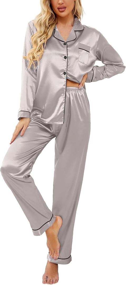 Ekouaer Women's Classic Button Down Long Satin Silk Pajama Set (Pink, M)
