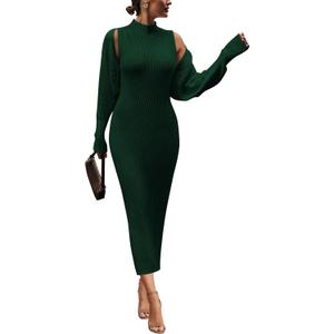 PRETTYGARDEN Womens Fall 2 Piece Outfits Bodycon Maxi Tank Pullover Sweater Dress and Long Sleeve Cropped Cardigan Knit Sets (Dark Green, Medium)