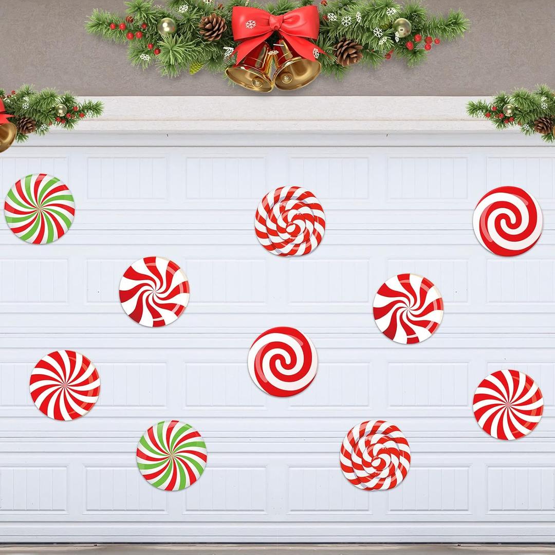 Crtiin 10 Pcs 12 Inch Christmas Peppermint Garage Door Magnets Red White Green Magnetic Door Christmas Decorations Large Holiday Magnetic Stickers for Refrigerator Decor