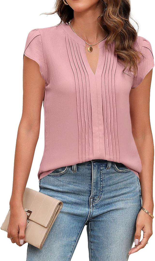 Blooming Jelly Womens Blouses Dressy Causal V Neck Pintuck Short Petal Sleeve Business Tops Ladies Summer Trendy Work Shirt (Large, Pink)