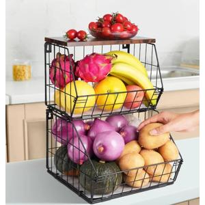 2 Tier Stackable Wall Mounted Hanging Basket, Fruit Basket for Kitchen Counter, Storage Bin with Wood Lid, Onion Storage, Fruit and Vegetable Storage, Countertop Organizer
