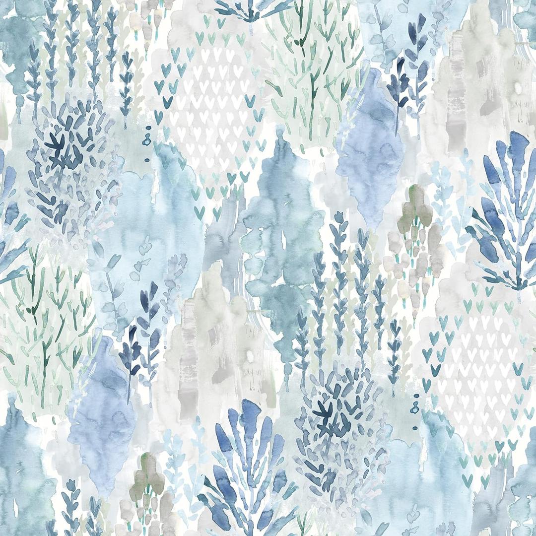 RoomMates RMK12330PLW Blue Watercolor Tree Mosaic Peel and Stick Wallpaper