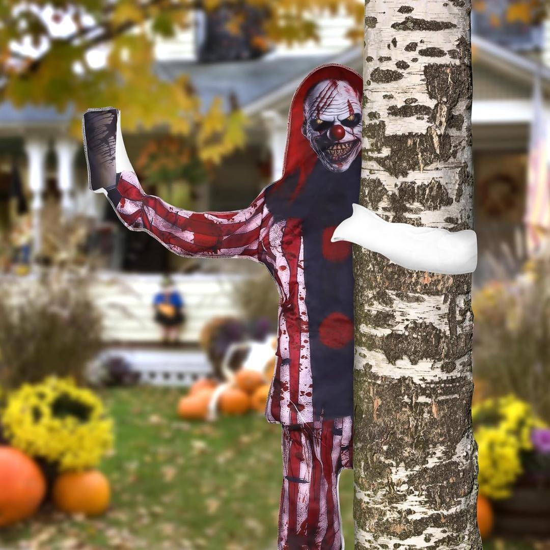 Halloween Tree Wrapping Scary Clown Decorations, 51.2" Horror Clown Hugging Tree Decoration Outdoor for Halloween Lawn Patio Porch Post Scary Clown Party Supplies Haunted House Props