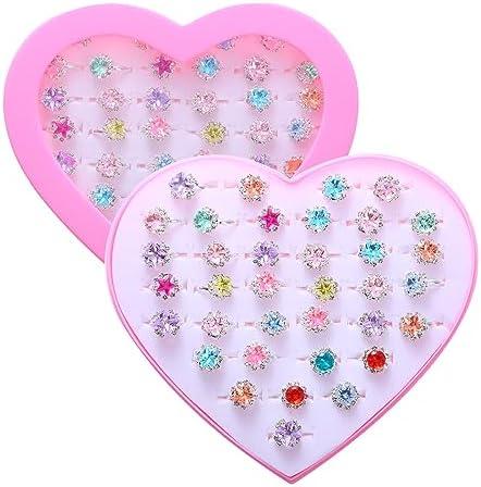 PASEMM 36pcs Little Girl Rhinestone Gem Rings,Adjustable,Random Color Style Diamond Kids Play Rings in Box,Pretend Play and Dress Up Rings for 4-12 Year Old Girl Birthday Gifts, 3 4 5 6 7 8 9 10 11 12