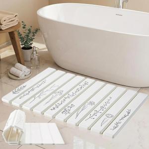 Foldable Stone Bath Mat Large - 32x20 Inch, Quick Dry Super Absorbent Extra Large Bath Mats for Bathroom, Non-Slip Diatomaceous Stone Drying Mats for Kitchen Counter & Bathtub (Black Floral Decor)