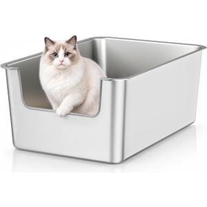 High-Sided Stainless Steel Cat Litter Box, Low Entry, Odor-Free, Non-Stick