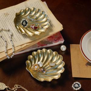 NIKKY HOME Vintage Gold Ring Holder Jewelry Dish Set of 2, Shell Shaped Trinket Display Decorative Metal Tray Classy Birthday Gifts for Women