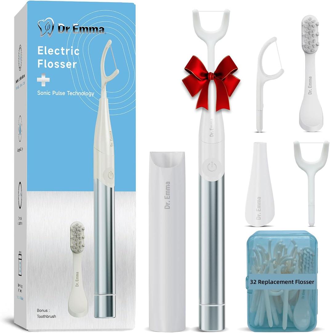 Dr. Emma Electric Vibration Flosser, Power Flosser for Adults, Gum Stimulator, Teeth Cleaner, Reusable Flossing Tool with Toothbrush, Water Flosser Alternative, Babyblue